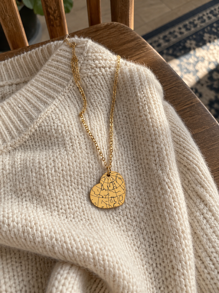 [TESTE] AI-generated layout mockup of Star Map Necklace — Heart. Not a real customer photo.