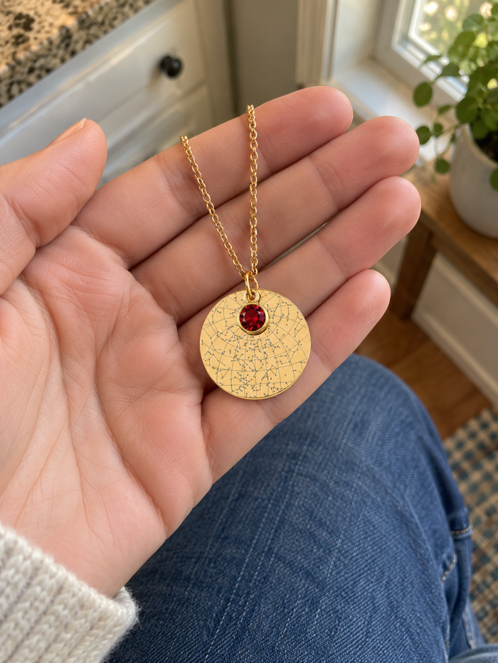 [TESTE] AI-generated layout mockup of Star Map Necklace — Birthstone. Not a real customer photo.