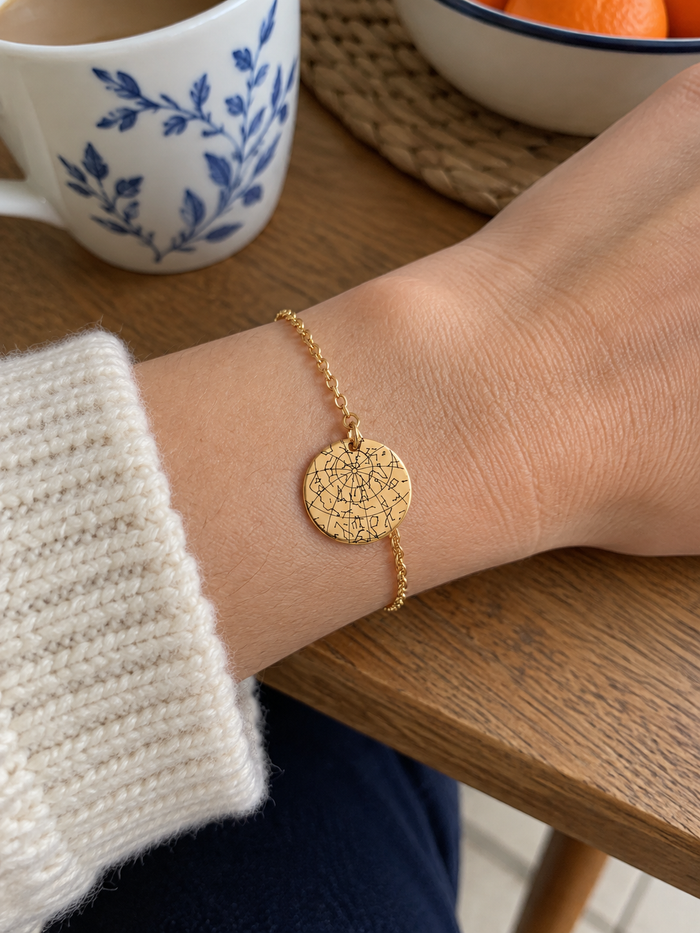 [TESTE] AI-generated layout mockup of Star Map Bracelet — Gold. Not a real customer photo.